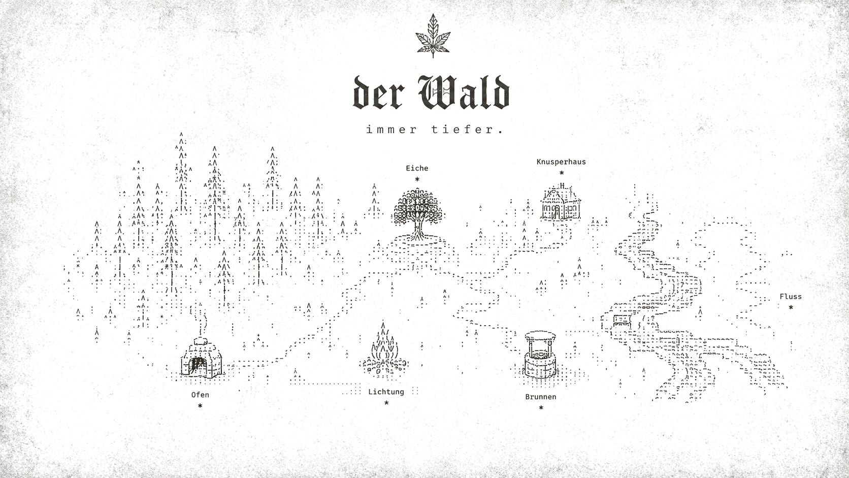 karte des waldes: eiche, knusperhaus, ofen, lichtung, brunnen, fluss